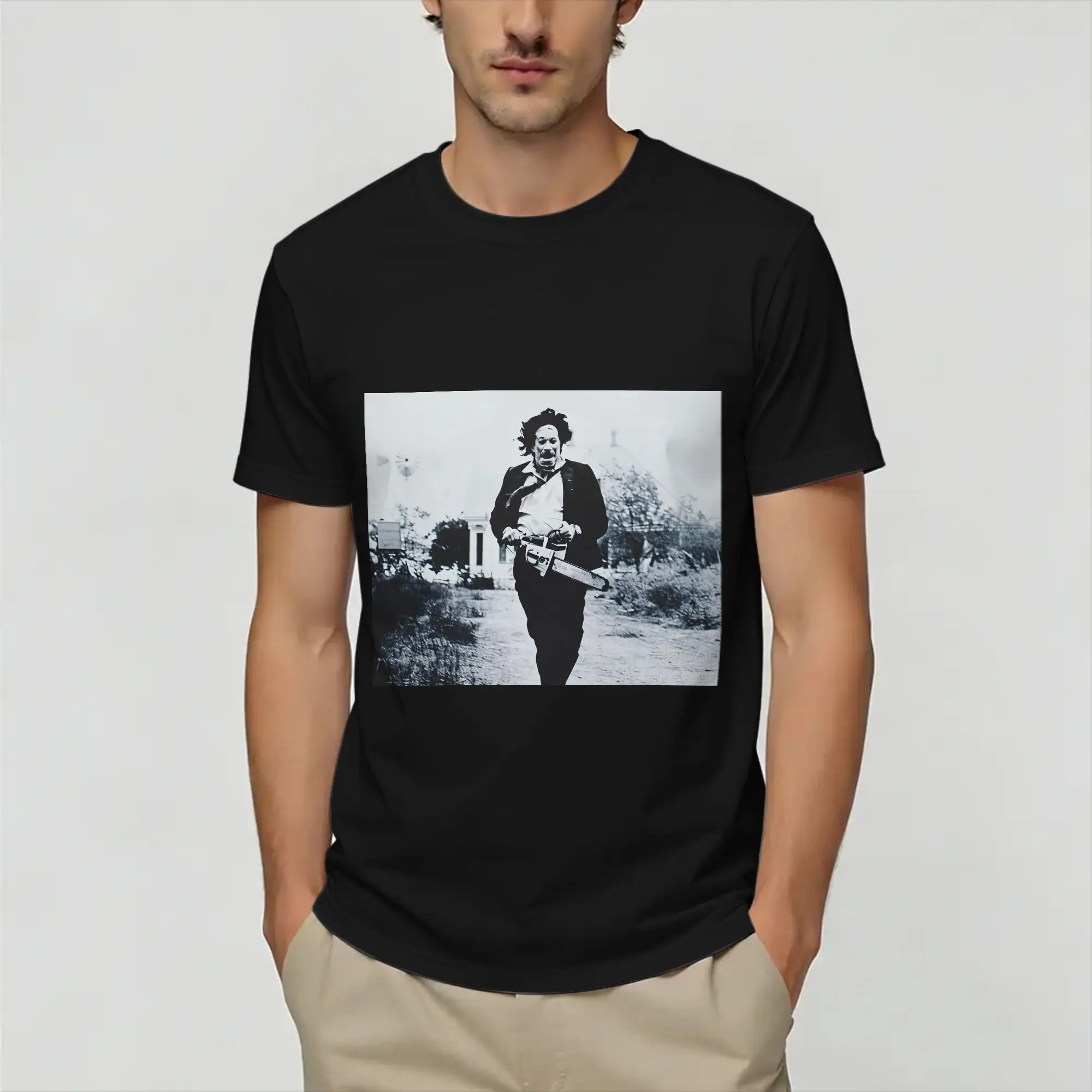 Casual He's From Texas I Can Tell Chainsaw Horror T-Shirt Men Round Neck 100% Cotton T Shirts  Short Sleeve Tees Summer Clothing