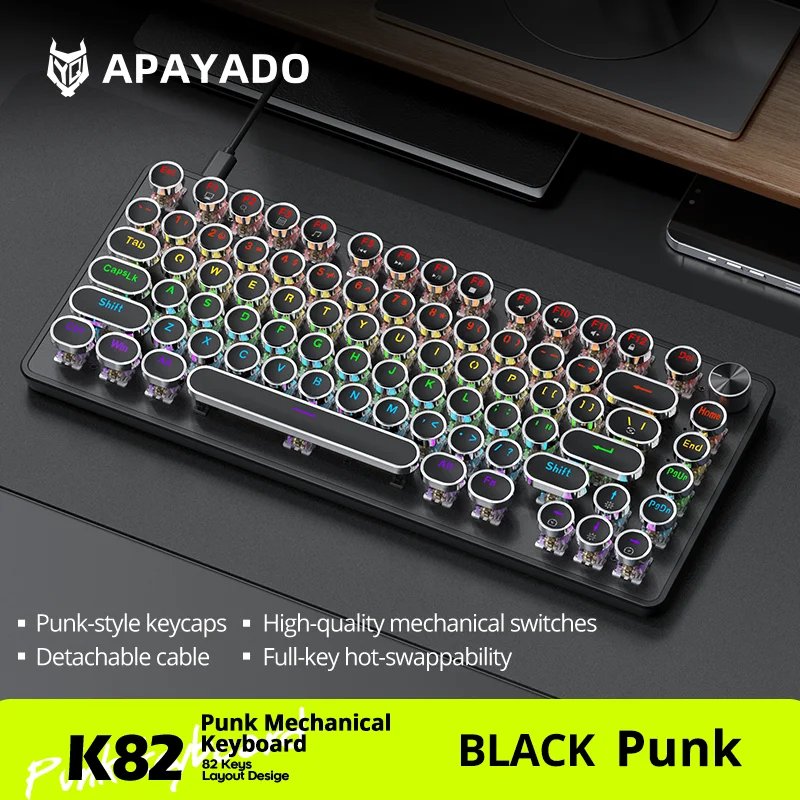 

Apayado K82 82-клавишная мини-макет, полноклавишные круглые колпачки для клавиш в стиле панк с возможностью горячей замены, полная переворачивающаяся клавиша, бесплатно