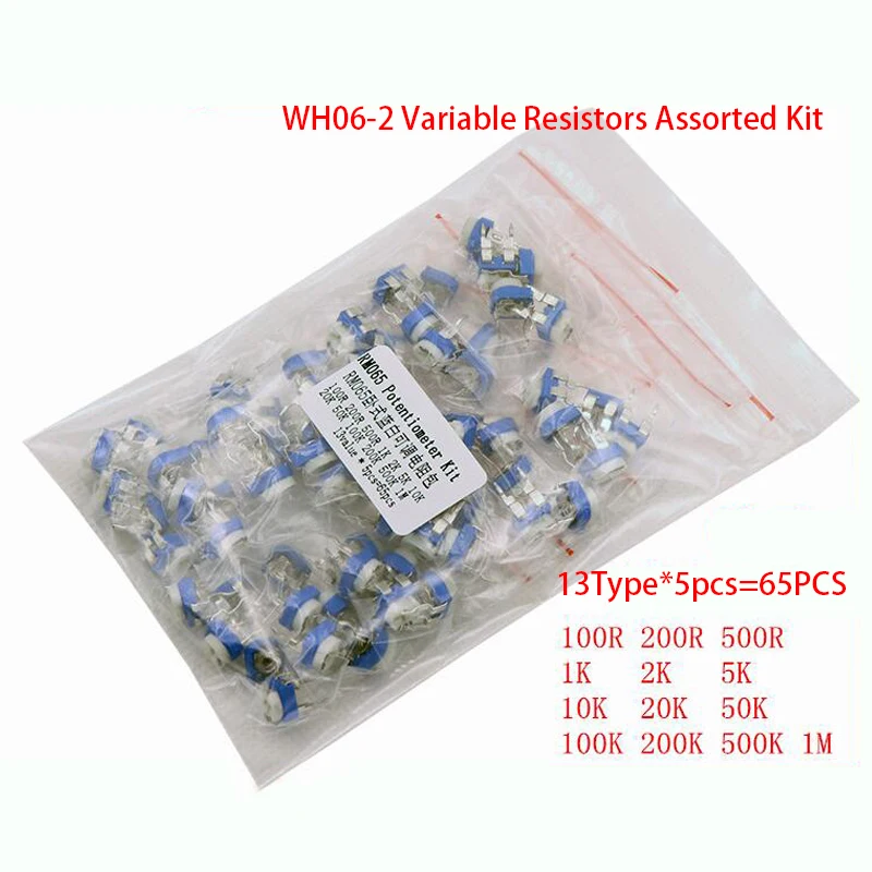 

Потенциометр обрезки RM065 Верхняя регулировка 100R-1M RM065 WH06-2 Набор переменных резисторов 13 Тип * 5 шт. = 65 шт. КОМПЛЕКТ