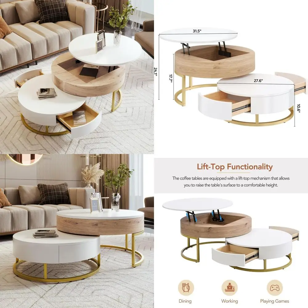 

Round Nesting Coffee Table Set of 2 with Storage Drawers, Circular Wooden Center Table for Living Room, Elegant White and Oak Fi