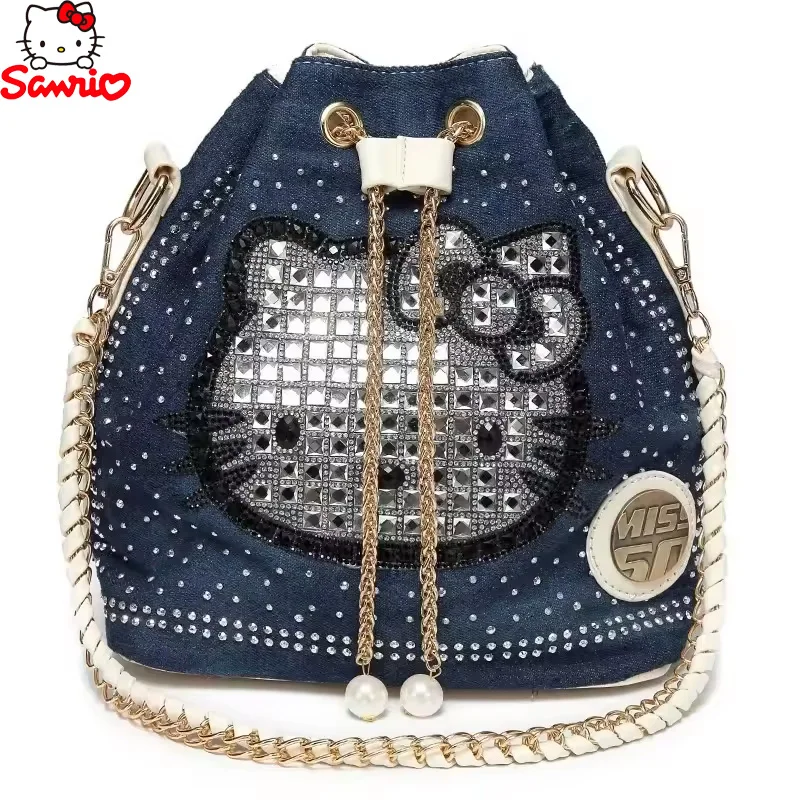 Sanrio Diamonds Hello Kitty Rhinestone Bucket Bags Women Fashion Shoulder Bag Purse Female Chain Crossbody Bag Girl Handbag Gift