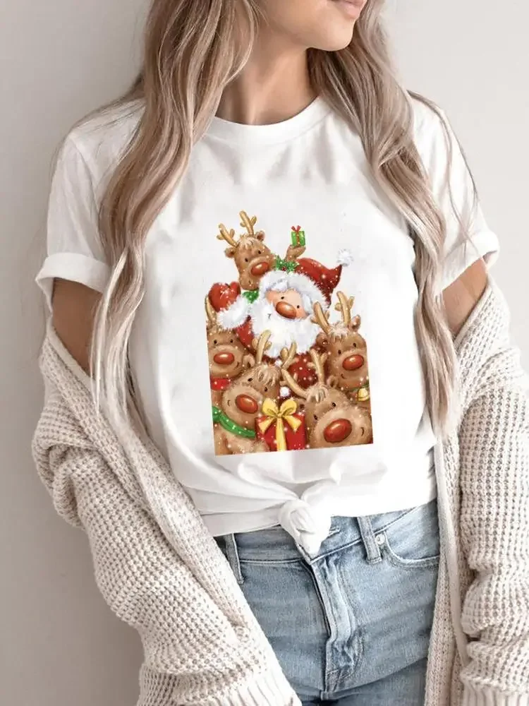 Merry Christmas Women Holiday Shirt Clothing Print T Top Santa Claus Happy Time Graphic Tee Fashion Female New Year T-shirts