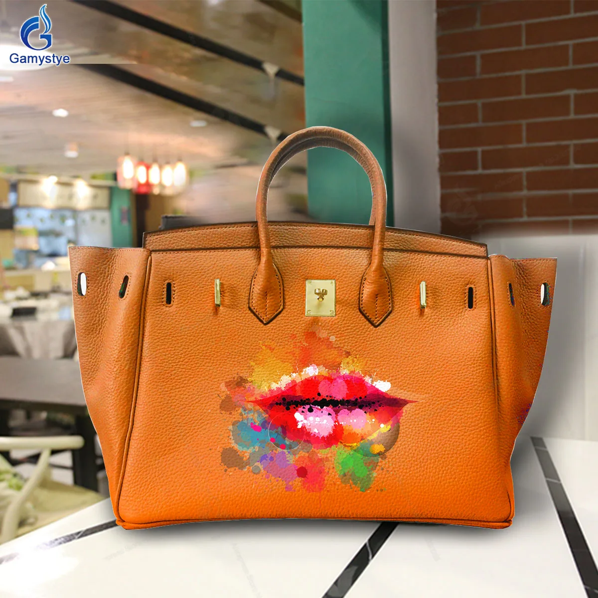 Art Print Colored lips Customize Totes 100% Cowhide Leather Designer Totes Women purses and handbags Gold Lock Hardware Fashion