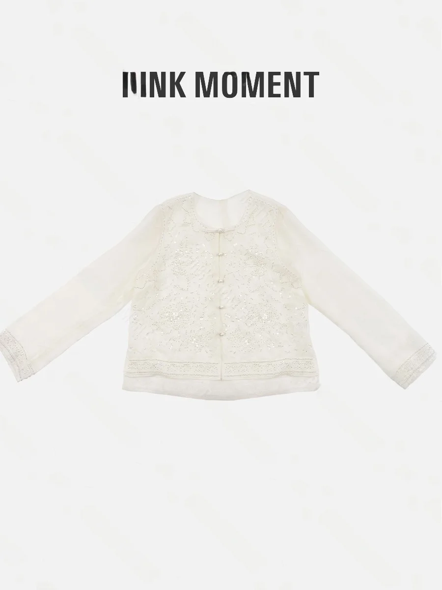 

Новая весенняя женская шелковая куртка-жакет с жемчужными пуговицами и узором, светло-бежевая