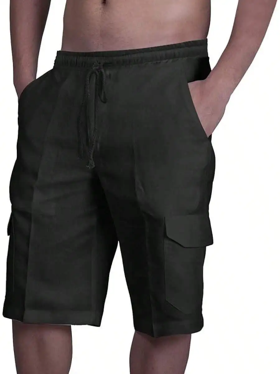 

Mens Linen Cotton Casual Shorts With Drawstring Elastic Waist And Pockets