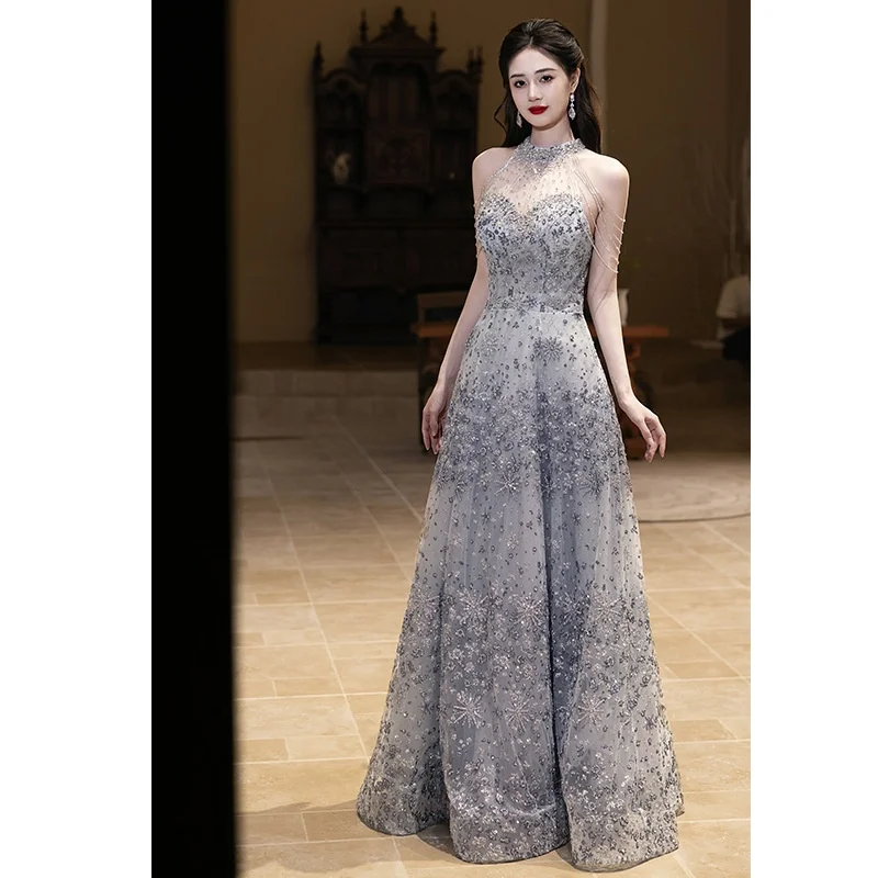 Sexy Neline Evening Gown Host Year End Par Dr owmanip Sino Silk Single oulder Sle mid Waist KTV Costume