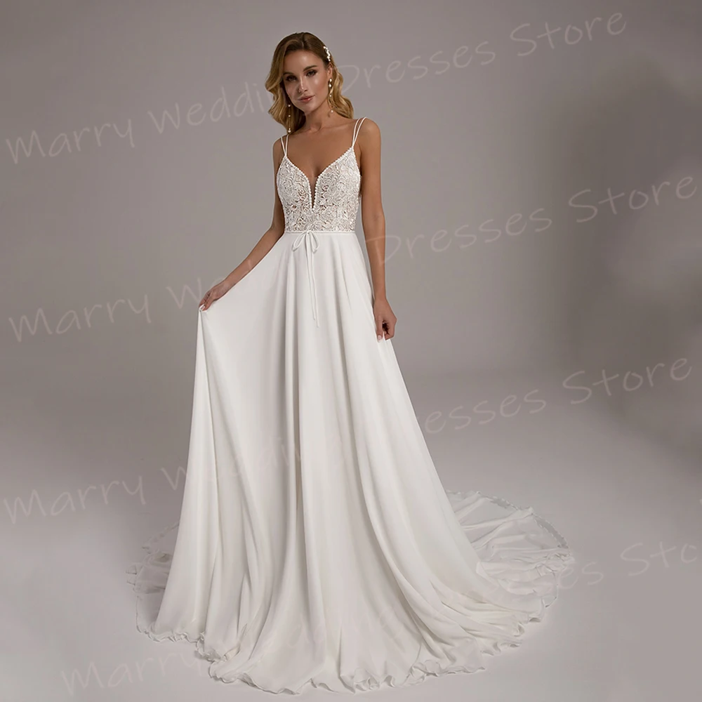 Robes de mariée A-ligne pour femmes, appliques en dentelle moderne, bretelles spaghetti, belle robe sexy, mariée éducative