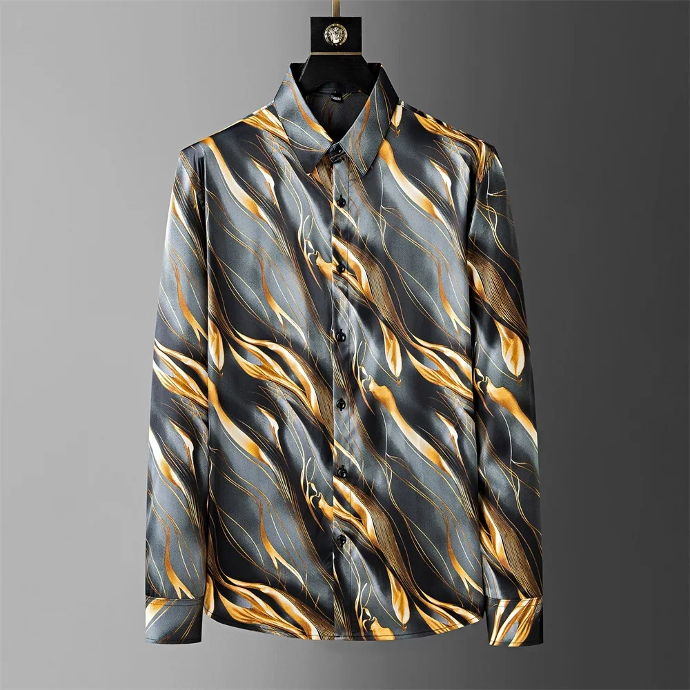 M-4XL Artistic Striped Printed Shirt for Men Long Sleeve Loose Shirts Fashion Casual Business Social Shirt Streetwear 2024