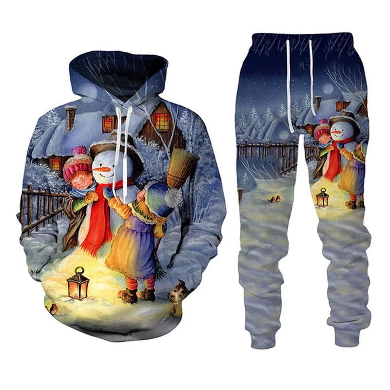 Men's Hoodie Sets Christmas Santa Claus Pattern Print 3D Hooded Sweatshirt Pants 2Pcs Suits Fall/Winter Oversized Men's Clothing