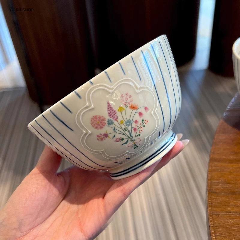 Korean Ceramic Tableware Striped Bouquet Rice Soup Salad Bowl Dish Pasta Dessert Plates Dinnerware Dinnerware Table Decoration