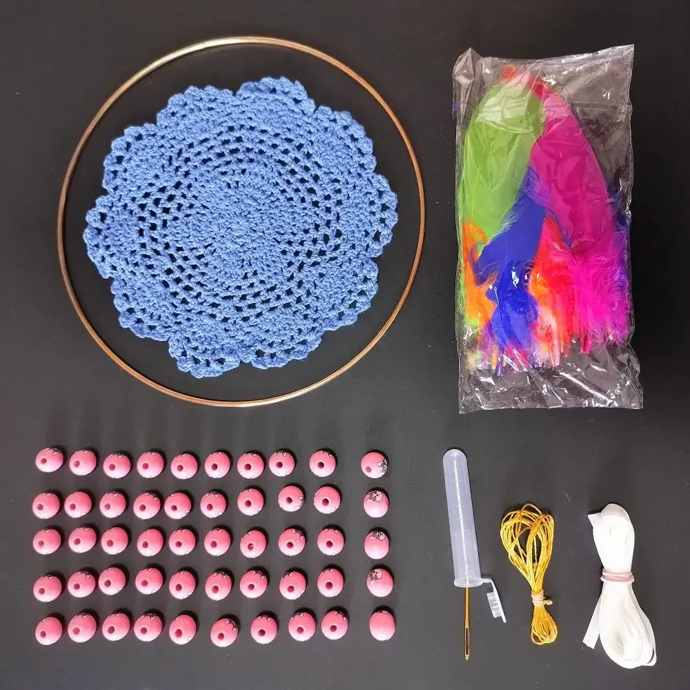 

DIY Dream Catcher Making Material Kit Include Hand Crochet Gray Blue Doily Gold Plated Metal Ring Pet Dog Beads Feathers Ribbons
