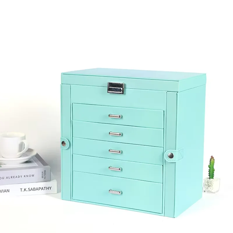 صندوق تخزين مستطيل ذو سعة كبيرة مكون من 6 طبقات، درج فاخر متعدد الطبقات للقلادة والقرط والإكسسوارات وصندوق تخزين المجوهرات