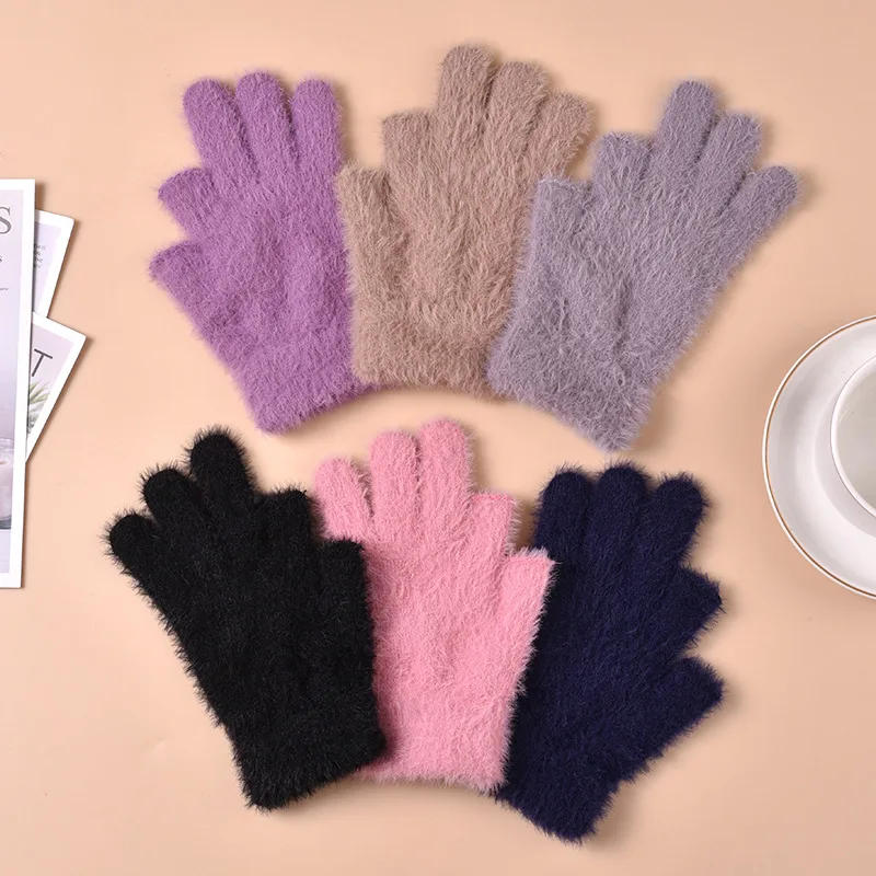 Plush Gloves for Women Winter Warm Knitted Soft Elastic Gloves Student Writing Typing Fuzzy Driving Two-Fingerless Leisure Glove