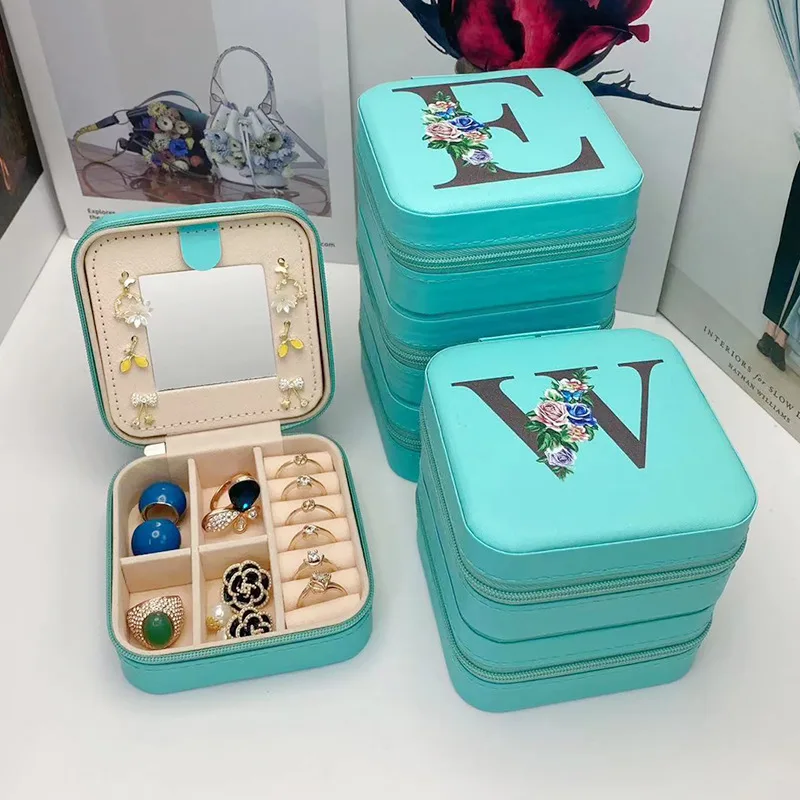 New Creative Letter Jewelry Box with Mirror Portable Travel Ring Necklace Earrings Stud Earrings Earring Blue Square Storage Box