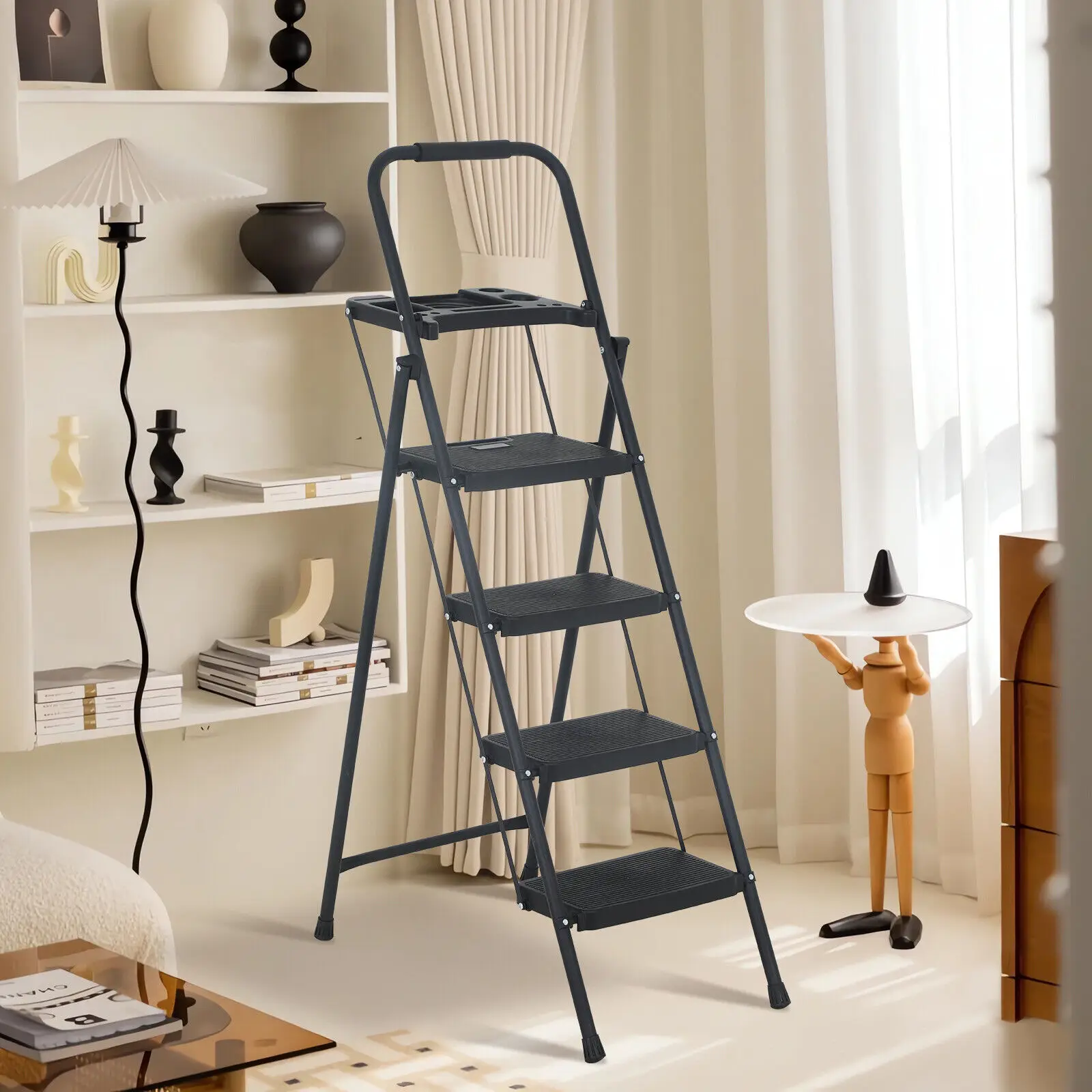 US Portable Steel Folding 4-Step Ladder, Bandwidth, Non-Slip Pedal, 330 lbs