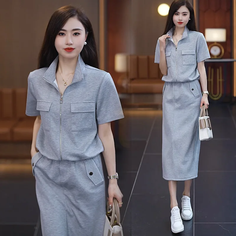 Casual Sports Suit Skirt Women\'s Summer New Loose Slimming Work Clothes Style Short Sleeve Skirt Two-Piece Suit Fashion