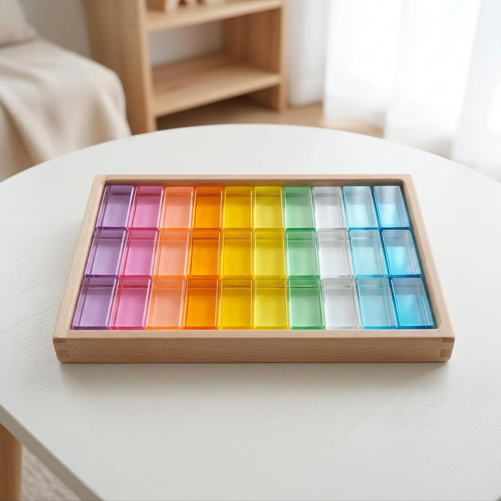 Acrylic Blocks with Wooden Tray Educational Translucent Building Blocks Construction Set Pattern-Making for Preschoolers