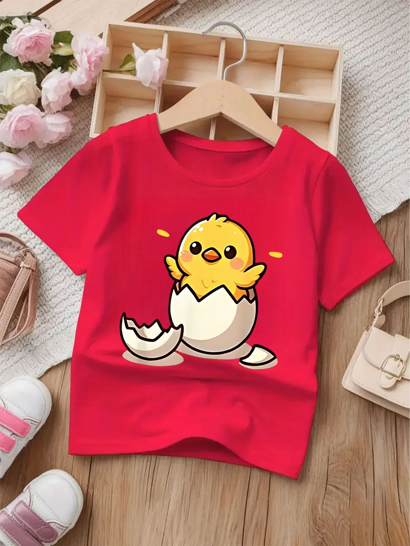 Lovely Baby Chick Coming Out Of Broken Egg Print Kids Short Sleeve Tee Cute Cartoon Style Casual Outdoor Shirt For Little Kids