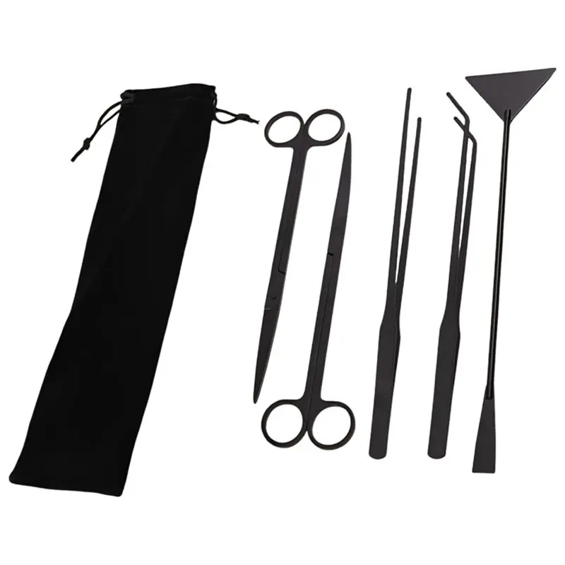 PHFU-For Aquatic Plants, Includes Flat Sand Shovel- Aquarium Tools Kit(5 Pcs), Long Black Stainless Steel Aquascaping Tool Set