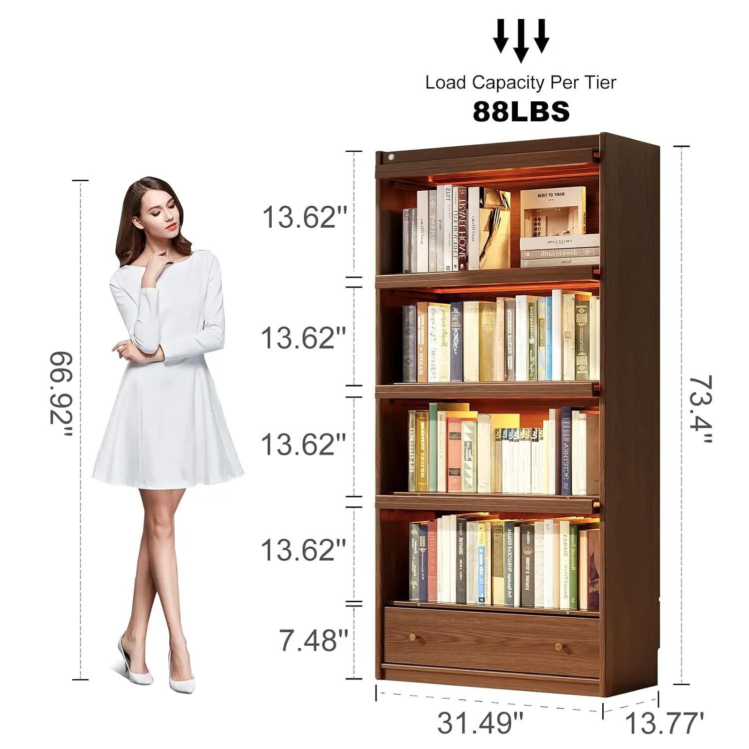 Solid Wood 5-Tier Bookcase with LED Glass Door Storage Display Cabinet 73.5