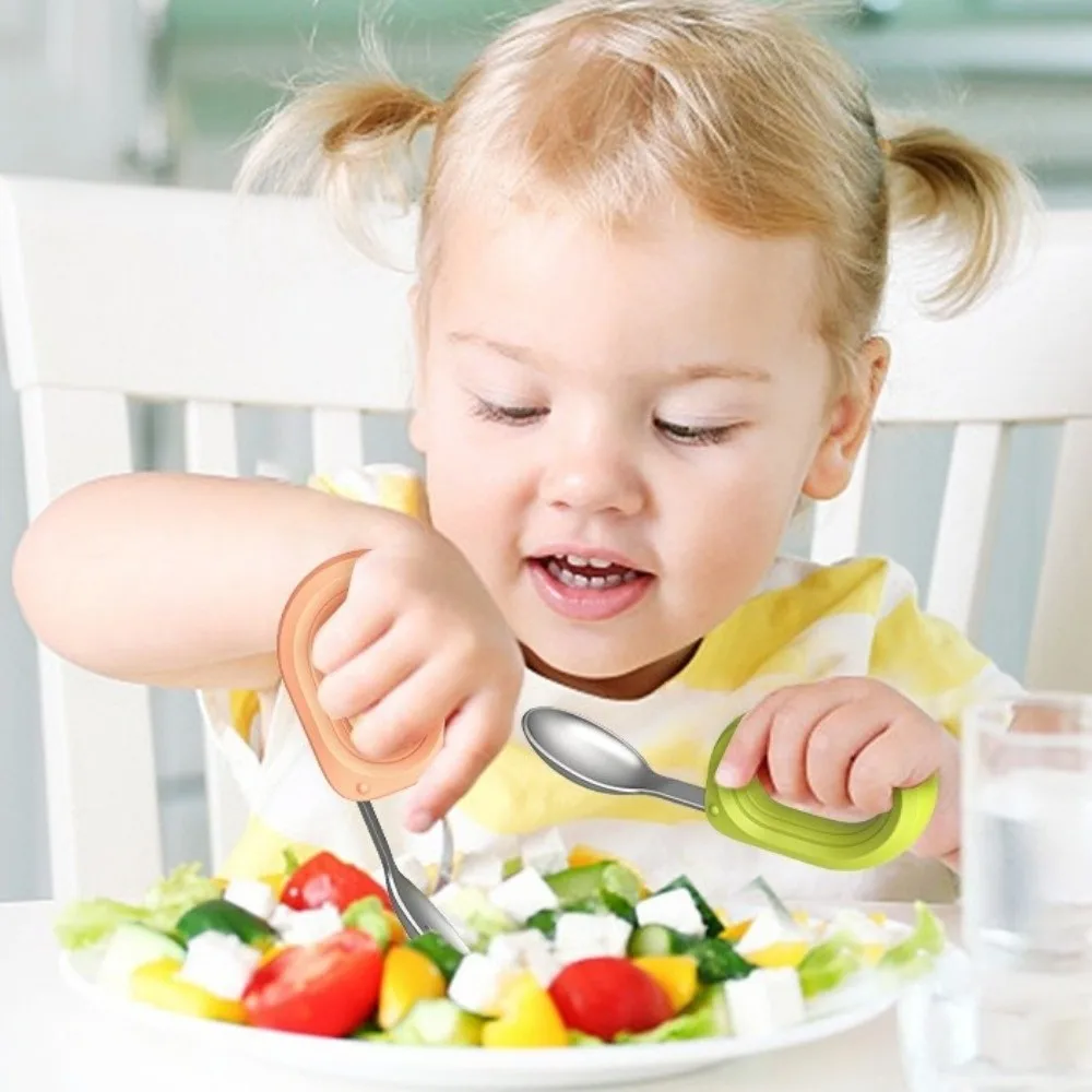 Silicone Handle Baby Silicone Spoon Set Anti-Choke Design Anti-slip Children's Tableware Set Easy Grip Self Feeding