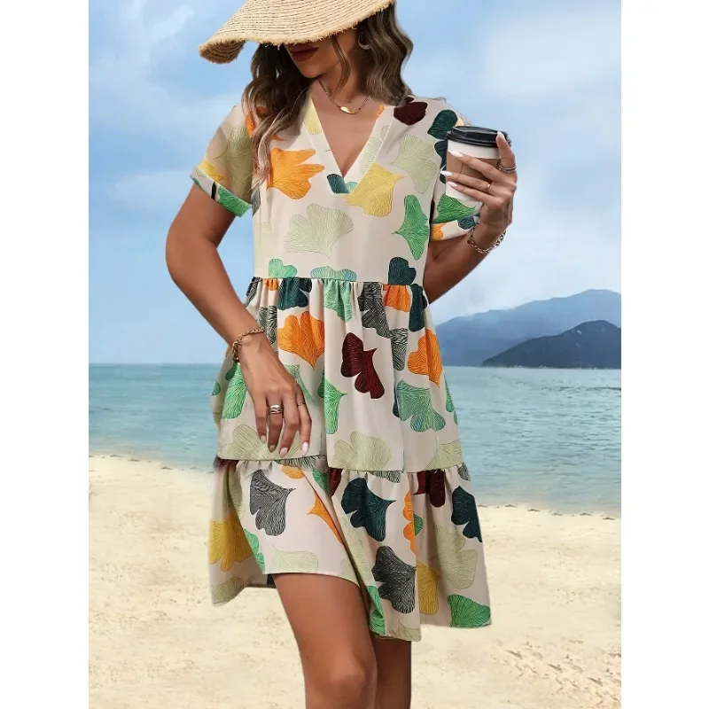 플러스 사이즈 여성의 새로운 유행 꽃 V 넥 캐주얼 편안한 다목적 반팔 드레스