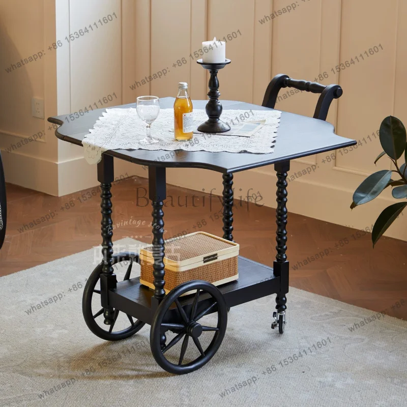 New French retro solid wood cart, living room folding dining car, antique mobile table with wheels, small side table