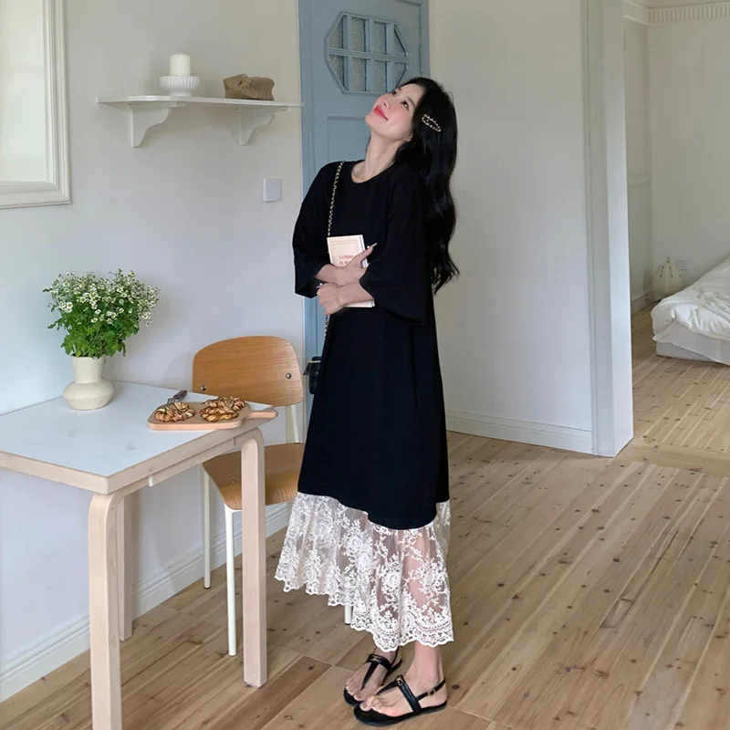 Été nouveau femmes dentelle Patchwork Dr ample viande couvrant T-shirt Dr doux Fi queue jupe a-ligne Midi Dr rond Ne