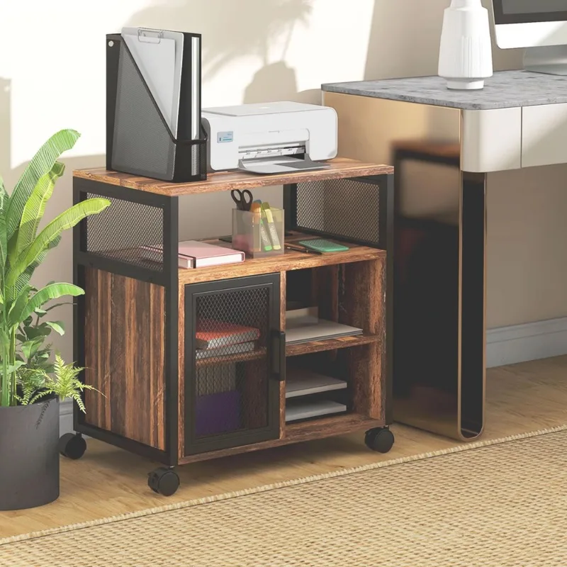 A rustic brown industrial-grade mobile printer stand with a storage wheel, USB charging port, and socket for easy desk placement