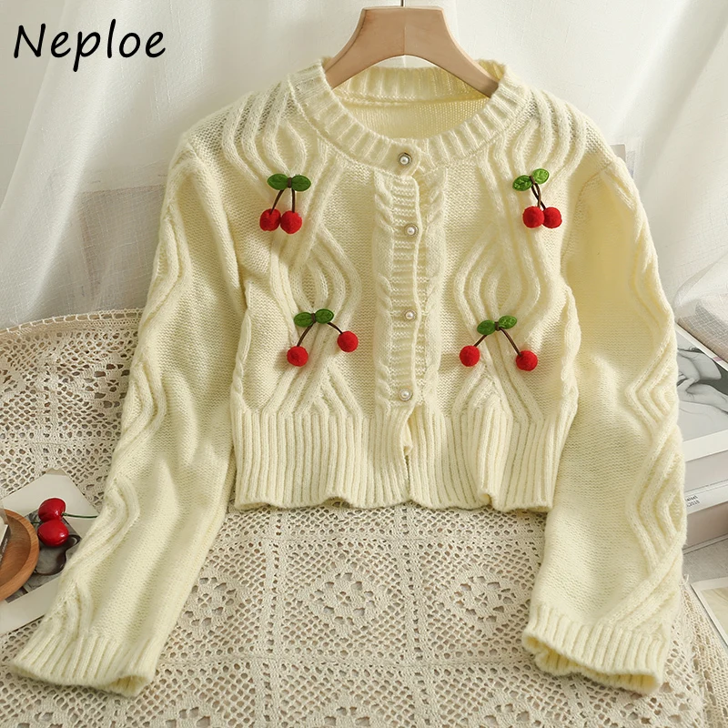 Neploe O Neck Solid Color Long Sleeve Cardigan 2024 Korean Chic All-match Femme Sweater Stereo Cherry Single-breasted Coat Y2K