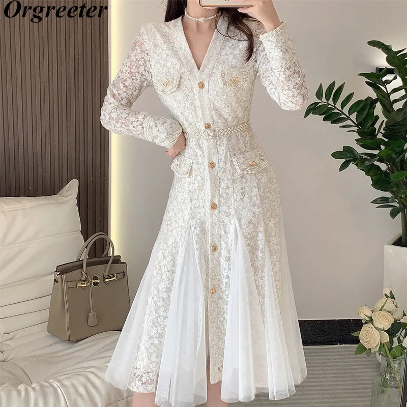 High Quality V-Neck Solid Lace Dress Women Spring Fall Long Sleeve Mesh Ruffles Patchwork Wedding Party Dress With Crystal Belt