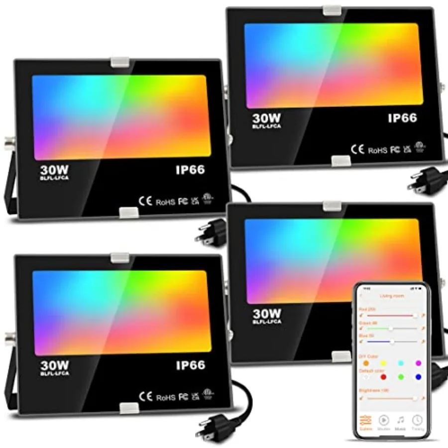 

Светодиодный прожектор для улицы 30 Вт (эквивалент 3000 лм), умное RGB-освещение для ландшафта с управлением через приложение, настраиваемые сценарии, таймер, 5700K дневной свет