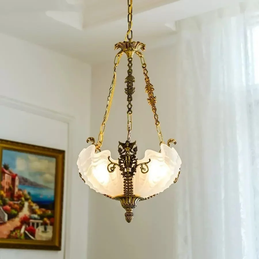 French retro all copper pendant light, Rococo medieval style restaurant lobby, classical and warm pendant light