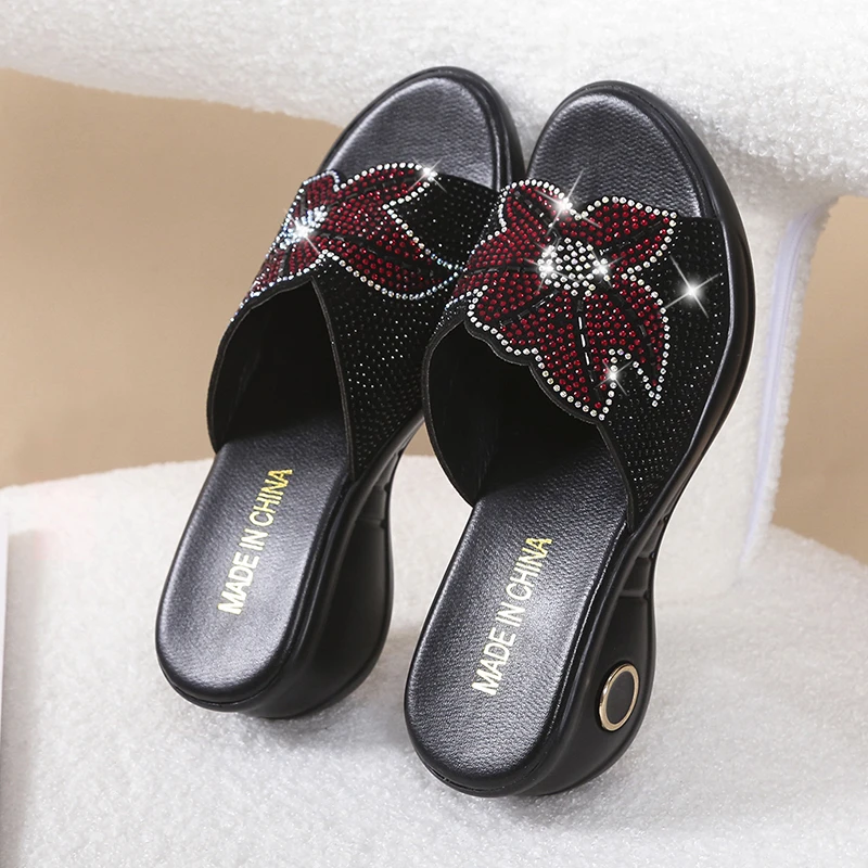 Women\'s Open Toe Slippers Rhinestone Crystals Decor Air Mesh 2022 Summer New Fashion Popular Sweet Chic Comfy Wedge Heel Slipper