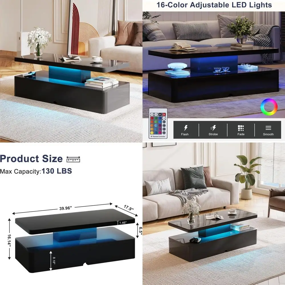 

40 LED-lit 2-Tier Coffee Table with Ample Storage, High Gloss Black Finish for Living Room or Office