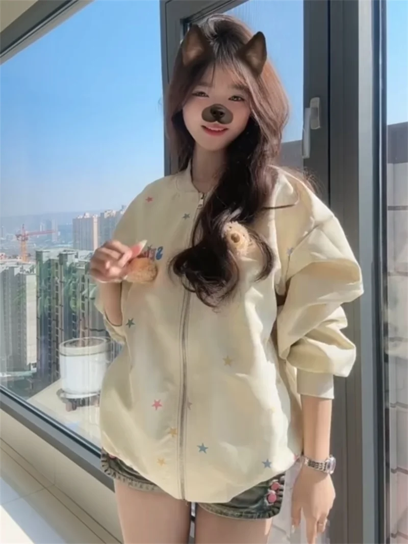 여성용 도파민 베어 펜던트 코트 2025년 봄 신상 루즈핏 스몰 스타 프린트 다용도 학생용 트렌디 탑 여성