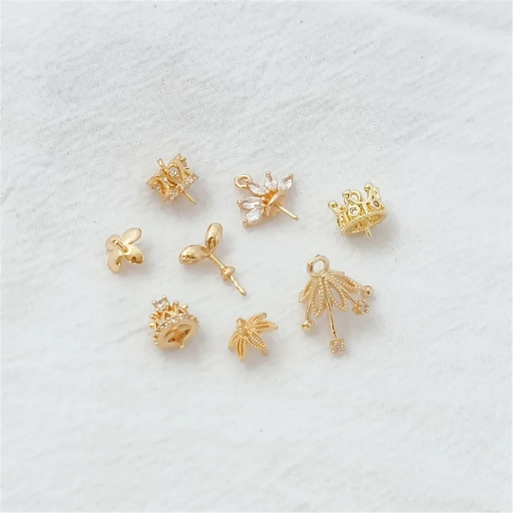 

14K Gold-plated Zirconium Crown Flower-shaped Half-hole Bead Pearl Pendant Bead Cap Flower Holder Sticky Bead DIY Jewelry