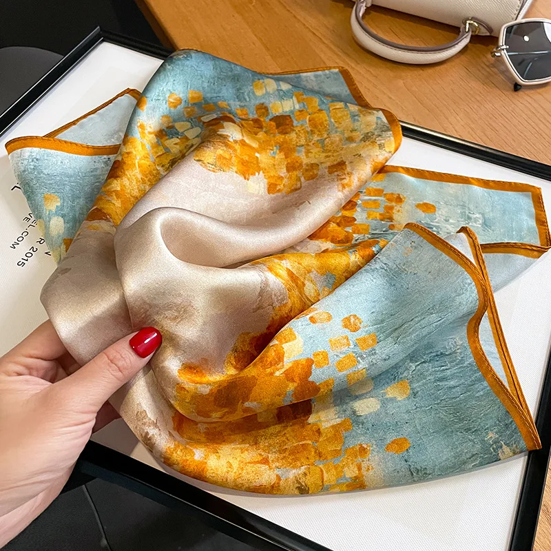 2024 New 100% Real Silk Scarf Fashion Lady Small Neck Foulard Female Bandana Spring Design Scarves for Women Hijab Shawl Wraps