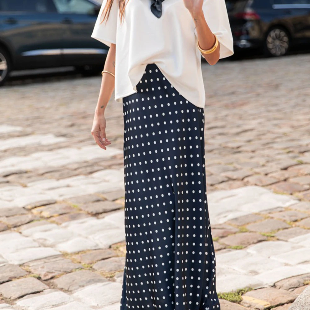 Women Vintage Aesthetic Polka Dot Maxi Skirts Elegant Bodycon A Line Flare Long Skirts Cute Dot Print Flowy Maxi Satin Skirts