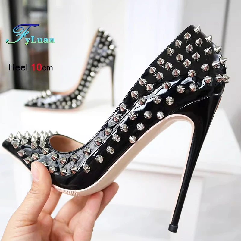 

Woman New Rivet Designer Pointy Thin High Heels slip-on Women's Solid Color Party Shoes 8CM 10CM 13CM Fashion Female Black Pumps
