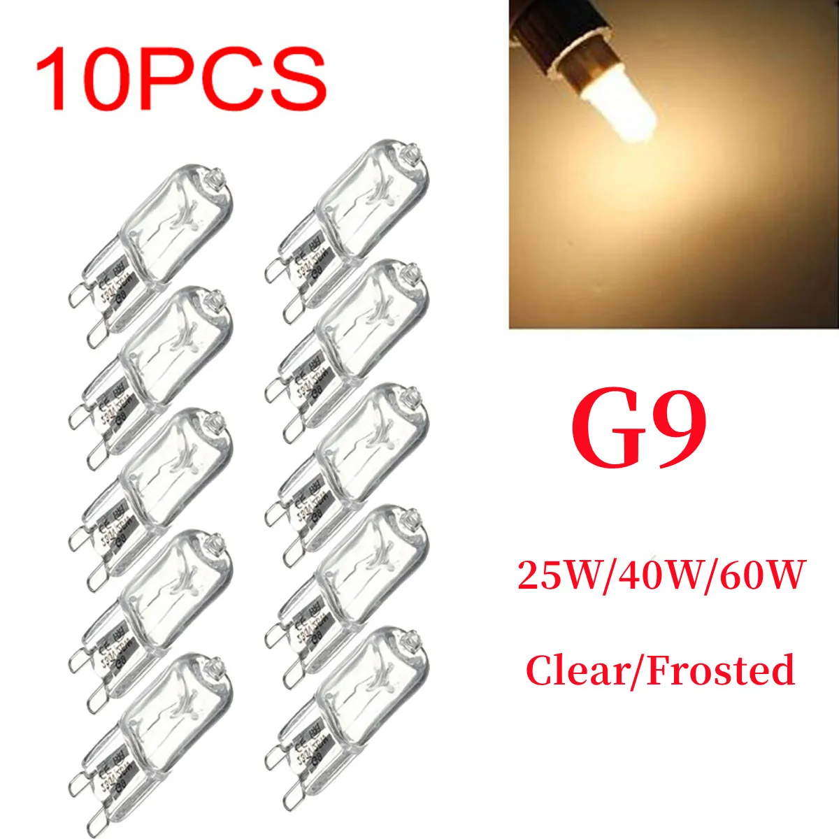 10pcs G9 AC 200-240V 25W 40W 60W Portable Warm Light Halogen Bulb Light Lamp 2700K Globe Capsule Clear Bulbs	2 Pin Base