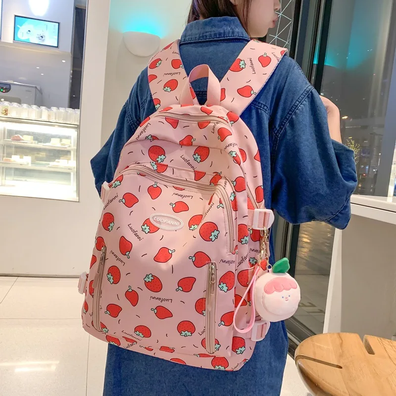 

Cute Strawberry Printed Girls' Schoolbag with Wide Shoulder Strap To Reduce Load and Protect The Spine Backpack Campus