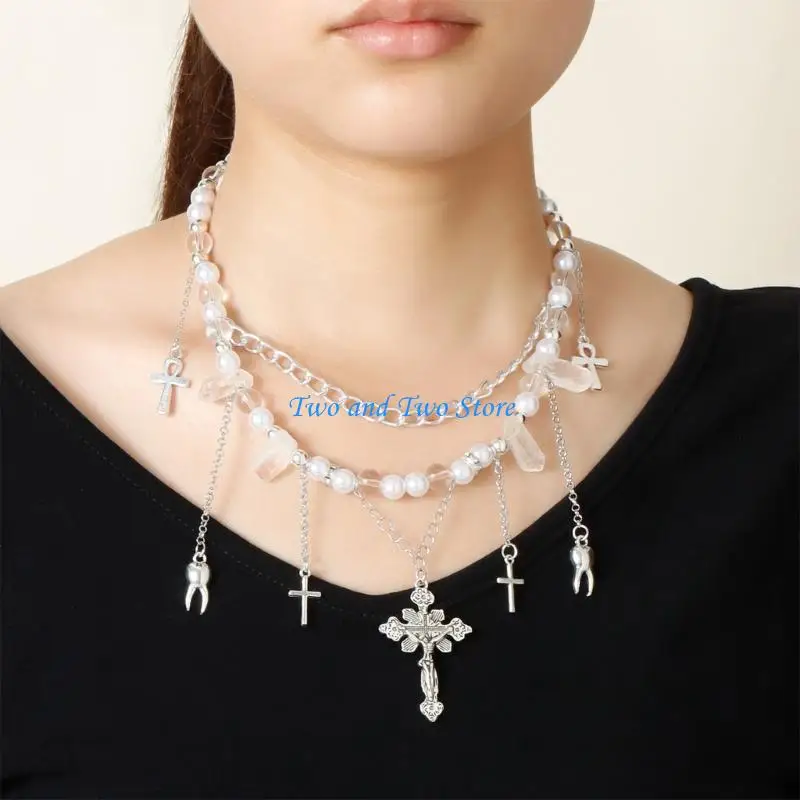 

HX6F Crucifix and Tooth Pendant Necklace Imitation Pearls Beaded Choker Stylish Clavicle Chain for Trendsetting Individuals