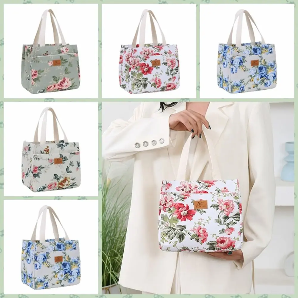 Insulated Floral Print Lunch Bag Foil Lining Large Capacity Thermal Picnic Bag Japanese Style Zippered Handbag Outddor