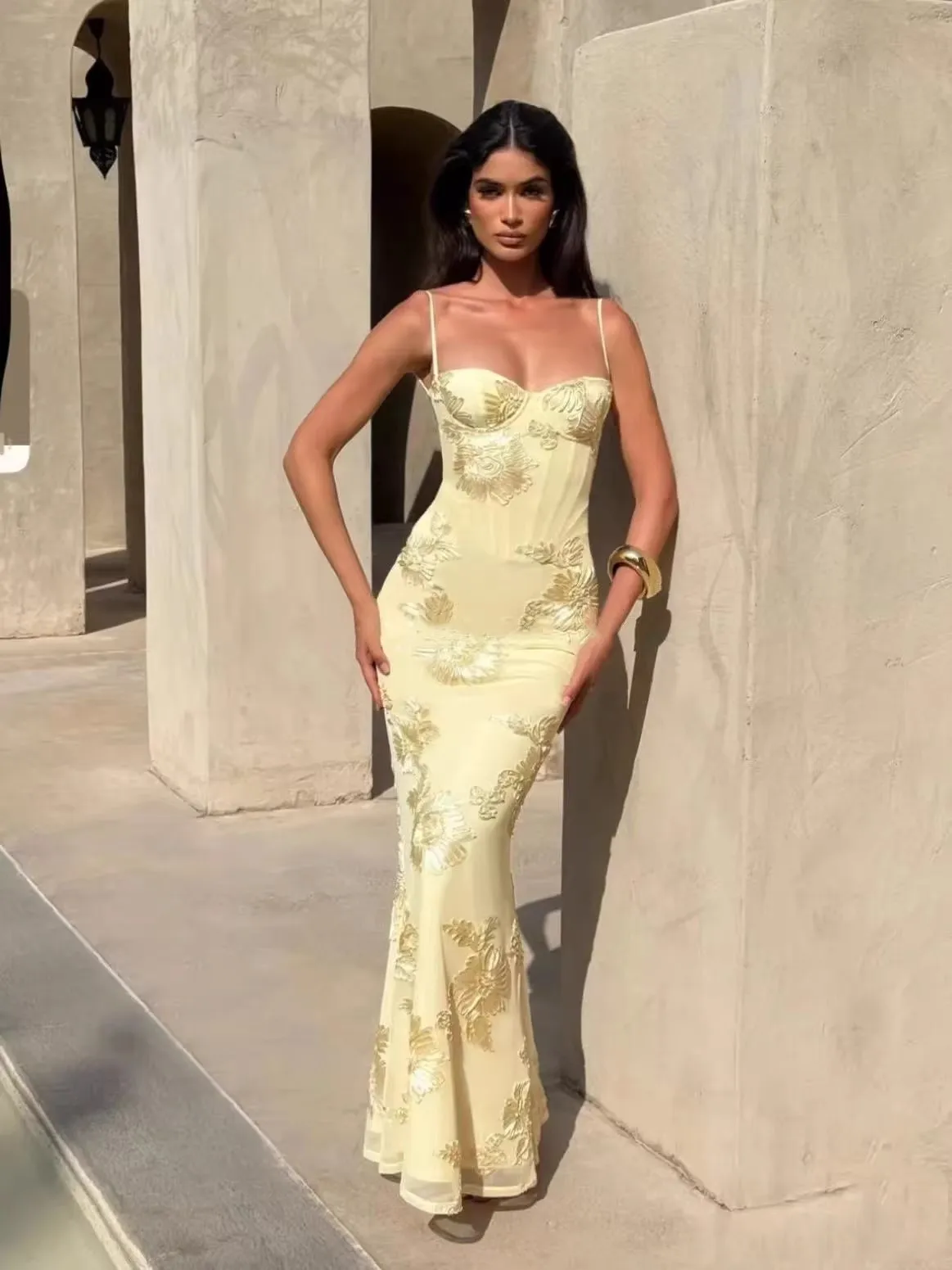 Vestido largo de Jacquard albaricoque Flora Slash Meck para mujer, sin mangas, con tirantes, elegante, Vintage, ceñido al cuerpo, ropa larga elegante para mujer