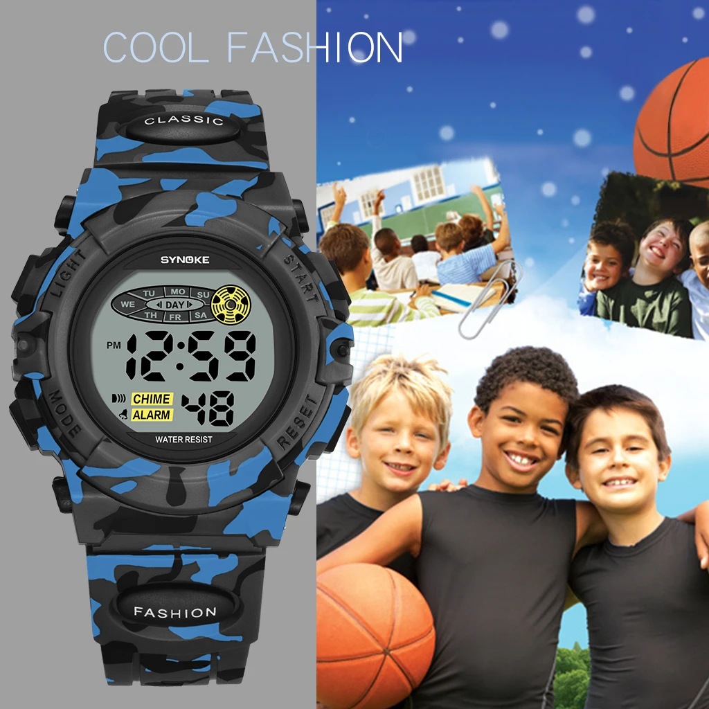 SYNOKE Student Sport Watch For Kids Colorful Electronic Watches Waterproof Clock Children Digital Watch For Boys Camouflage