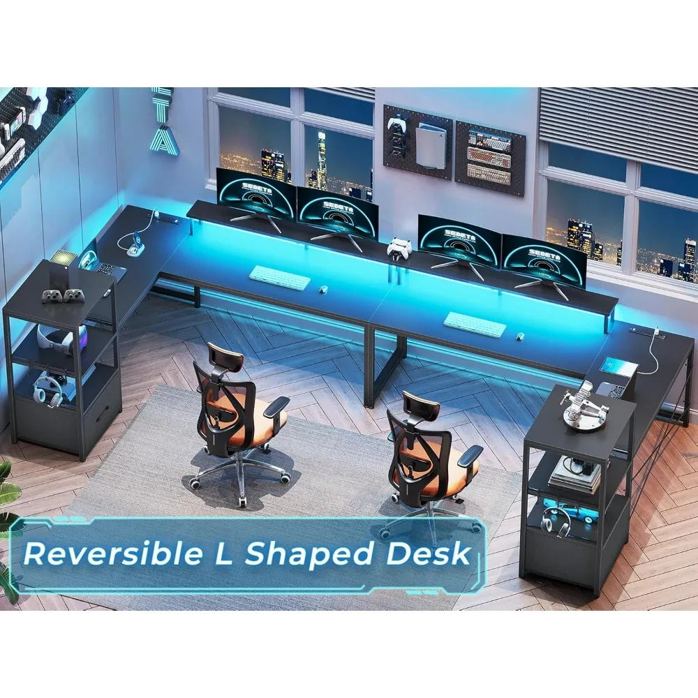 مكتب ألعاب على شكل حرف L، مكتب كمبيوتر مقاس 51 بوصة مع أرفف تخزين، مكتب ألعاب مع منافذ طاقة وأضواء LED، درج قماش، Monito
