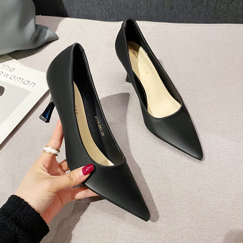 

Pointed Genuine Leather Work Shoes Stiletto Heels Stewardess Black Beige Simple Women's Pumps Slip On Four Weason Women's Shoes