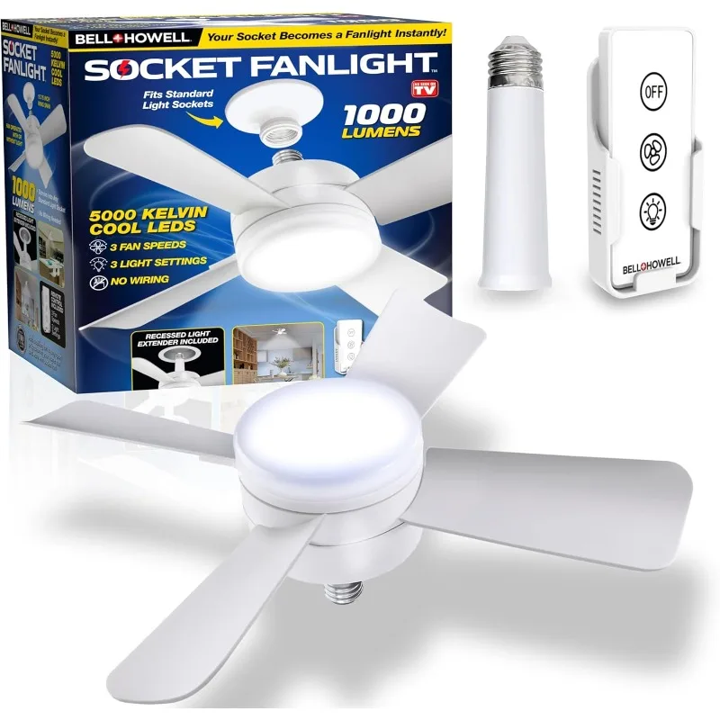 

Потолочный вентилятор Bell+Howell с розеткой Современные потолочные вентиляторы со светодиодной подсветкой, 10-дюймовый светодиодный вентилятор с винтовым цоколем E26/E27 Мини-вентилятор с розеткой