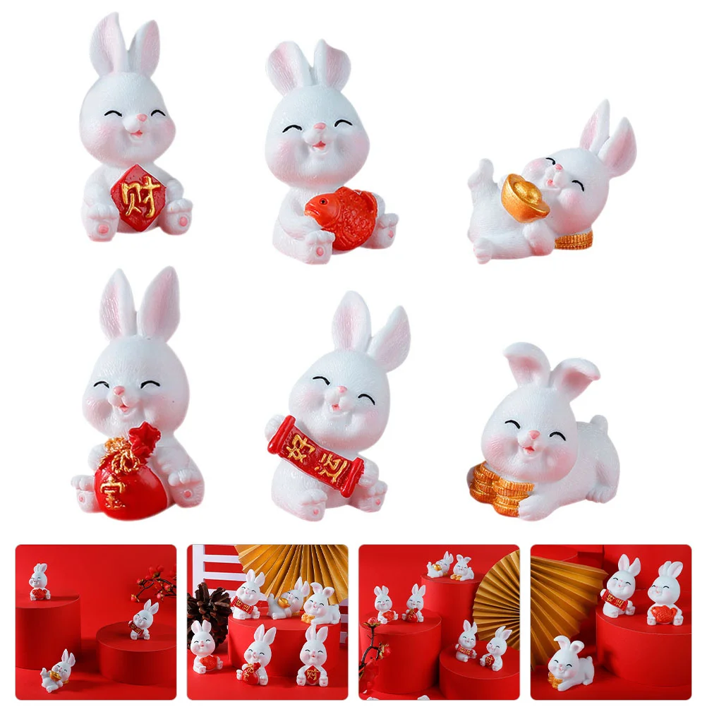 6 Pcs Year of The Rabbit Mascot Bunny Ornament Miniature Figurines Animal Decorate Tiny Natural Resin Adorn Child Toys